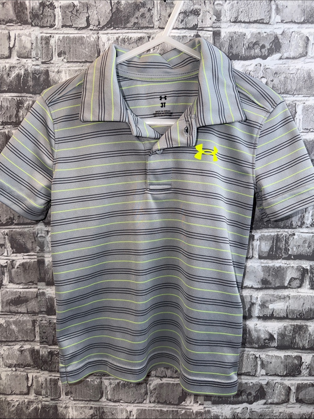 Under Armour Light Gray Striped Polo with Neon Yellow Logo